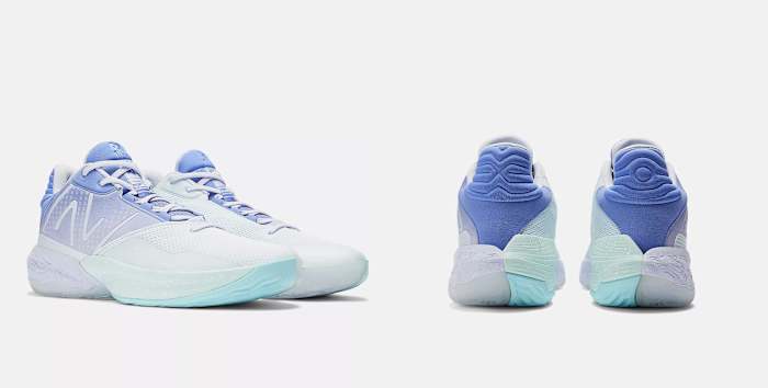 Side and rear view of blue and white New Balance basketball shoes.